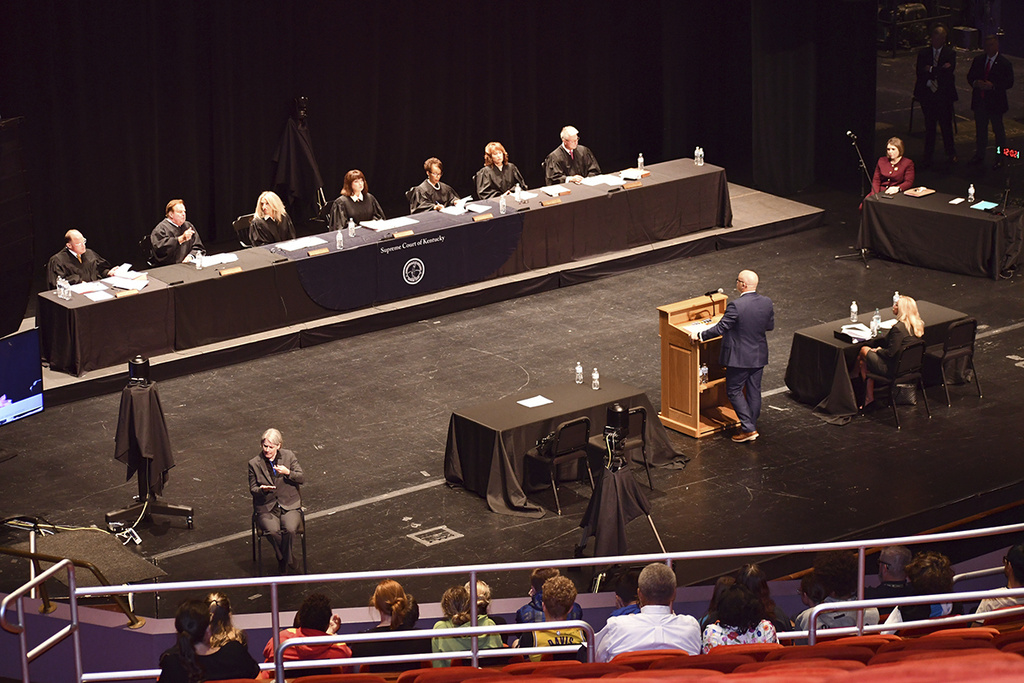 The Kentucky Supreme Court hears oral arguments at Centre College's Norton Center for the Arts in Danville, Ky., Sept. 10, 2025. Seated from left are Justice Shea Nickell, Justice Kelly Thompson, Justice Angela McCormick Bisig, Chief Justice of the Commonwealth Debra Hembree Lambert, Justice Pamela R. Goodwine, Justice Michelle M. Keller and Justice Robert B. Conley. (Jim Hoffman/Administrative Office of the Courts via AP)