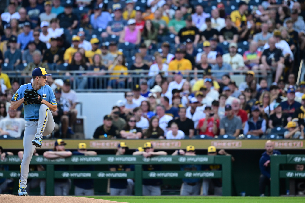 Milwaukee Brewers pitcher Jacob Misiorowski delivers during the first inning of a baseball game against the Pittsburgh Pirates, Tuesday, Sept. 15, 2026, in Pittsburgh. (AP Photo/David Dermer)