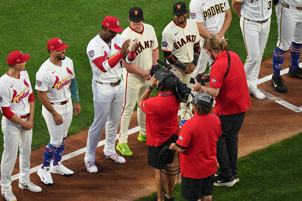 St. Louis Cardinals' Jordan Walker is introduced ahead of the MLB baseball All-Star Game between the American League and National League, Tuesday, July 14, 2026, in Philadelphia. (AP Photo/Matt Rourke)