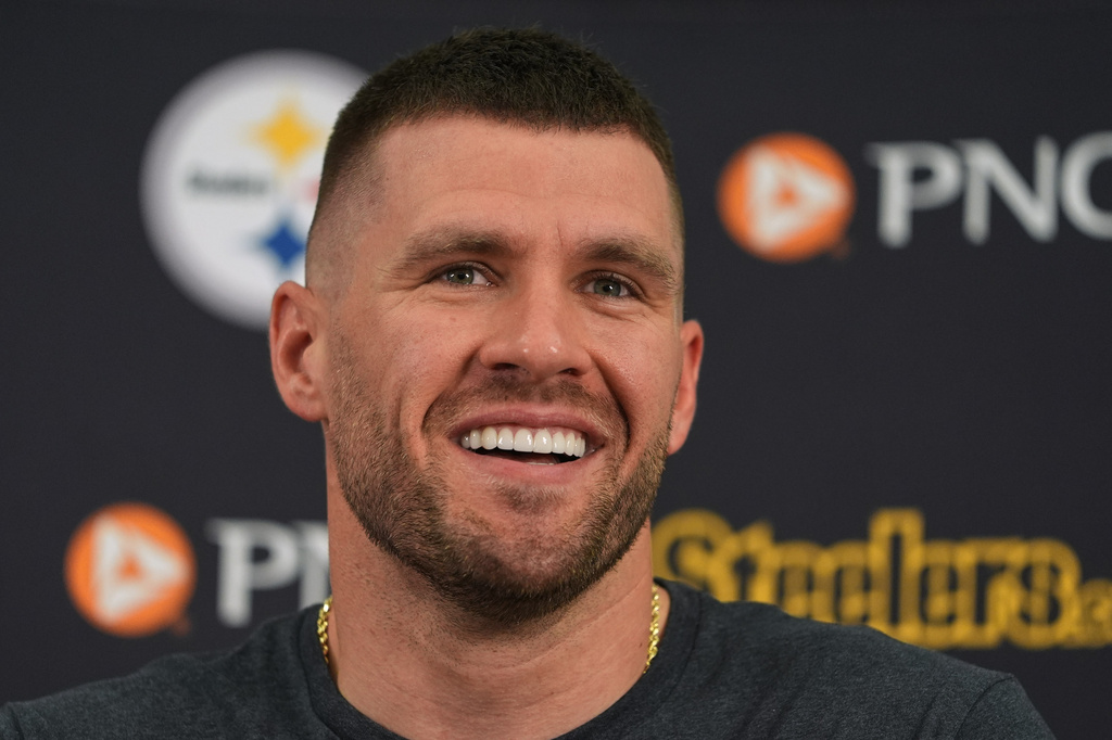 Pittsburgh Steelers linebacker T.J. Watt meets with reporters at the NFL football team's camp in Latrobe, Pa., Tuesday, July 28, 2026. (AP Photo/Gene J. Puskar)