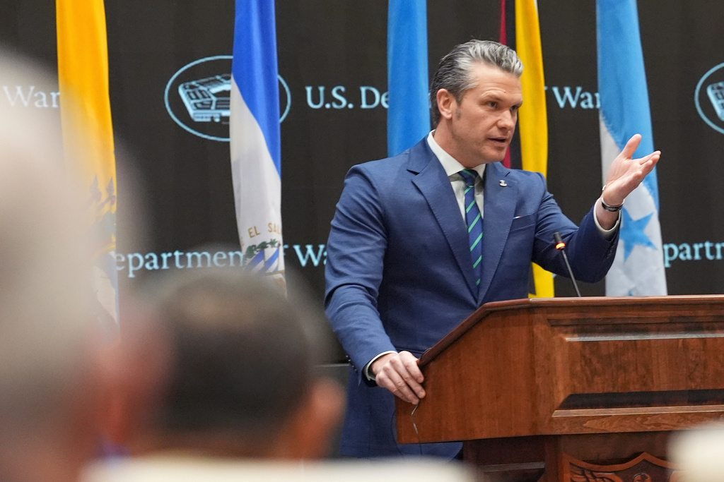 Defense Secretary Pete Hegseth speaks at the inaugural Americas Counter Cartel Conference at U.S. Southern Command in Doral, Fla., Thursday, March 5, 2026. (AP Photo/Rebecca Blackwell)