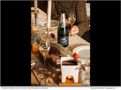 IMAGE CAPTION: Fondue Rendez-vous Holiday 2026 Domaine Carneros | Domaine Carneros, the award-winning California grower-producer of M&eacute;thode Traditionnelle sparkling wines, announces its 2026 Holiday Gift Collection. At its ch&acirc;teau, inspired by founder Champagne Taittinger's historic estate in France and set at the gateway to Northern California wine country, the winery has paired its sustainably farmed, estate-exclusive wines with irresistible artisan finds.