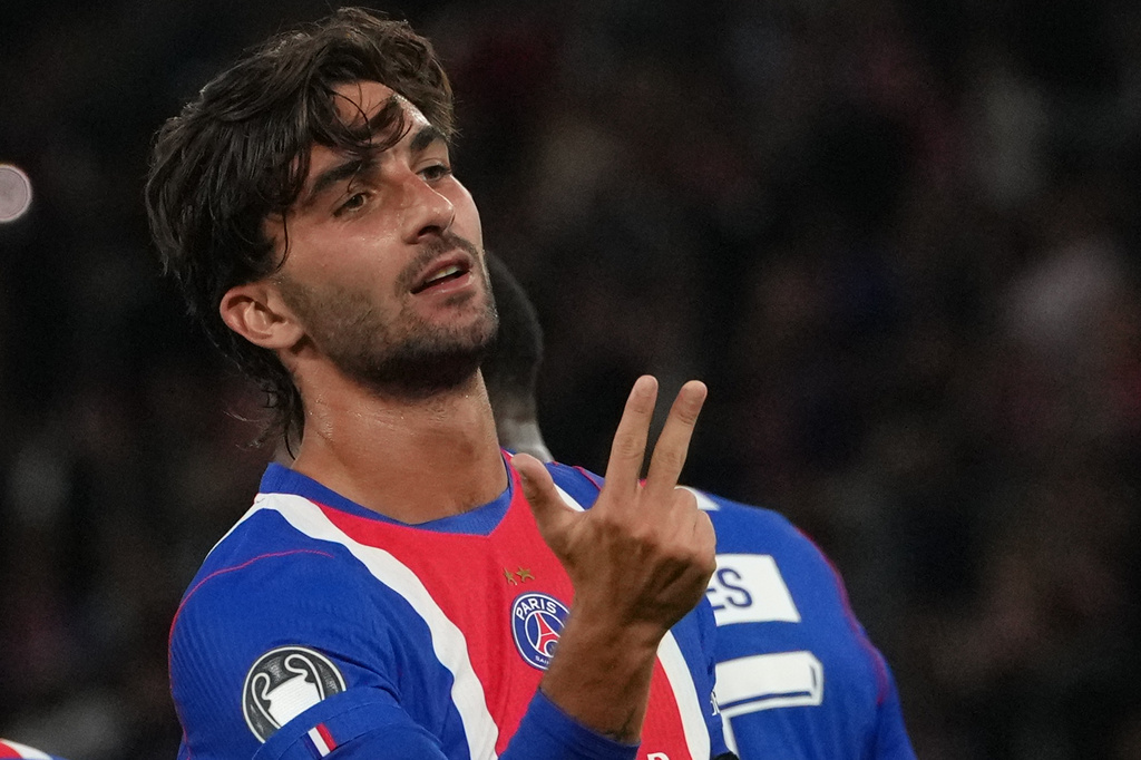 PSG's Ferran Torres celebrates after scoring his third goal during the Champions League opening phase soccer match between PSG and Slovan Bratislava in Paris, Wednesday, Sept. 9, 2026. (AP Photo/Thibault Camus)