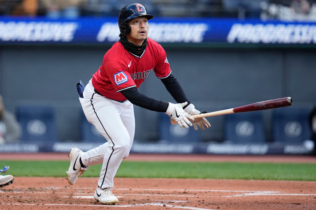 Cleveland Guardians' Steven Kwan watches his home run in the thirtd inning of a baseball game against the Kansas City Royals in Cleveland, Monday, April 6, 2026. (AP Photo/Sue Ogrocki)