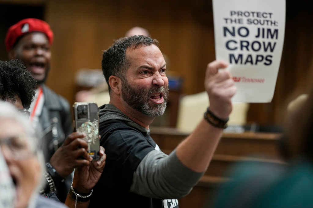 Mike Croley yells at lawmakers in a Senate committee meeting during a special session of the state legislature to redraw U.S. Congressional voting maps Wednesday, May 6, 2026, in Nashville, Tenn. (AP Photo/George Walker IV)