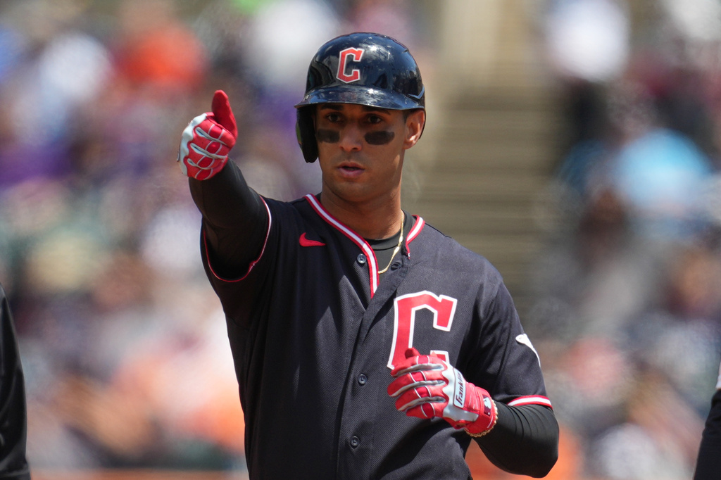 Cleveland Guardians' Brayan Rocchio reacts to his double against the Detroit Tigers during the third inning of a baseball game Thursday, May 21, 2026, in Detroit. (AP Photo/Paul Sancya)