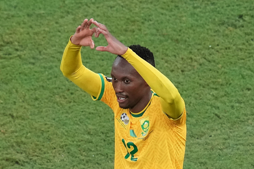 South Africa's Thapelo Maseko (12) celebrates after scoring his team's first goal during the World Cup Group A soccer match between South Africa and South Korea in Guadalupe, near Monterrey, Mexico, Wednesday, June 24, 2026. (AP Photo/Dolores Ochoa)