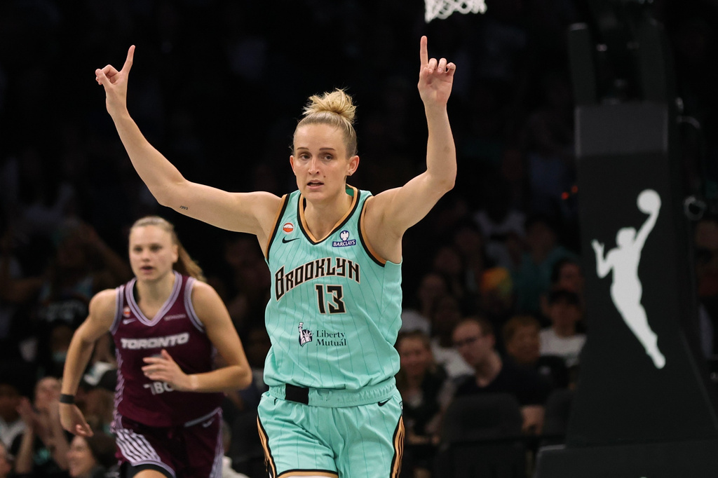 New York Liberty forward Leonie Fiebich (13) gestures during the second half of a WNBA basketball game against the Toronto Tempo, Wednesday, June 3, 2026, in New York. (AP Photo/Heather Khalifa)