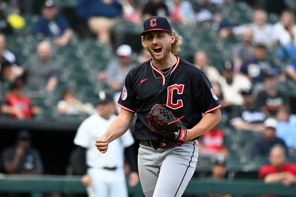 Cleveland Guardians pitcher Tanner Bibee reacts after closing out the sixth inning of a baseball game against the Chicago White Sox, Wednesday, June 24, 2026, in Chicago. (AP Photo/Matt Marton)