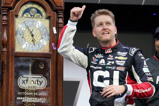 William Byron celebrates in Victory Lane after winning a NASCAR Cup series auto race in Martinsville, Va., Sunday, Oct. 26, 2025. (AP Photo/Chuck Burton) William Byron celebrates in Victory Lane after winning a NASCAR Cup series auto race in Martinsville, Va., Sunday, Oct. 26, 2025. (AP Photo/Chuck Burton)