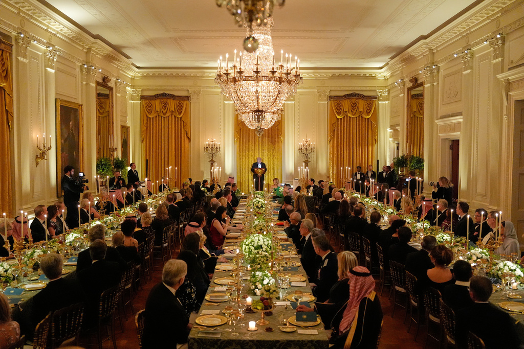 President Donald Trump speaks during a dinner with Saudi Arabia's Crown Prince Mohammed bin Salman in the East Room of the White House, Tuesday, Nov. 18, 2025, in Washington. (AP Photo/Alex Brandon)