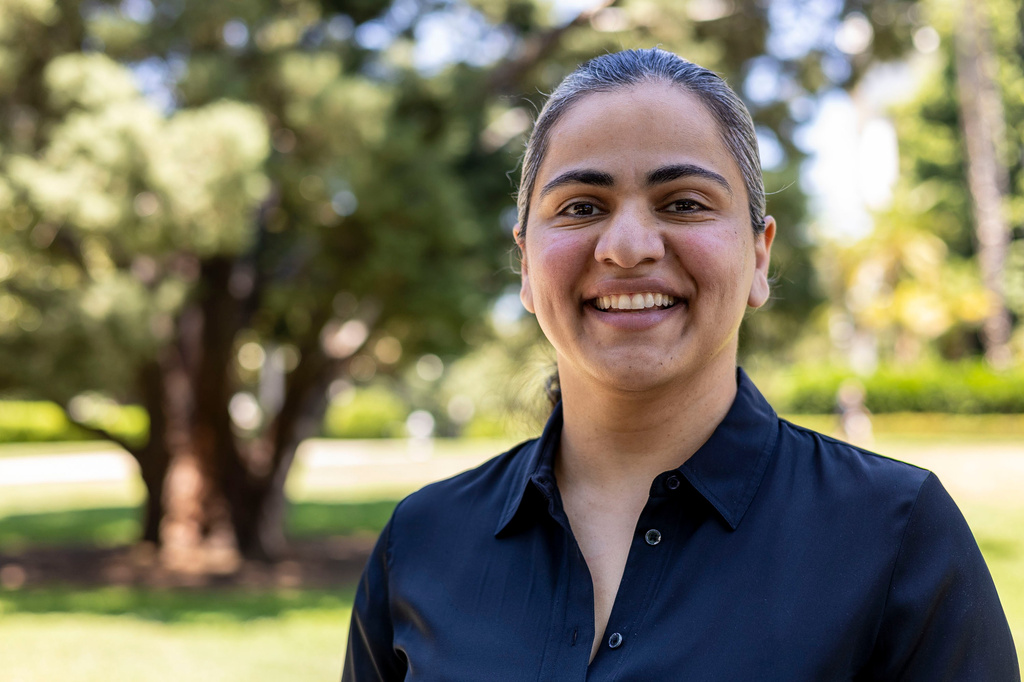 State Sen. Aisha Wahab, a Democratic candidate for Congress in California's 14th district, poses for a photo outside the state legislature on Monday, June 15, 2026, in Sacramento, Calif. (AP Photo/Annie Barker)
