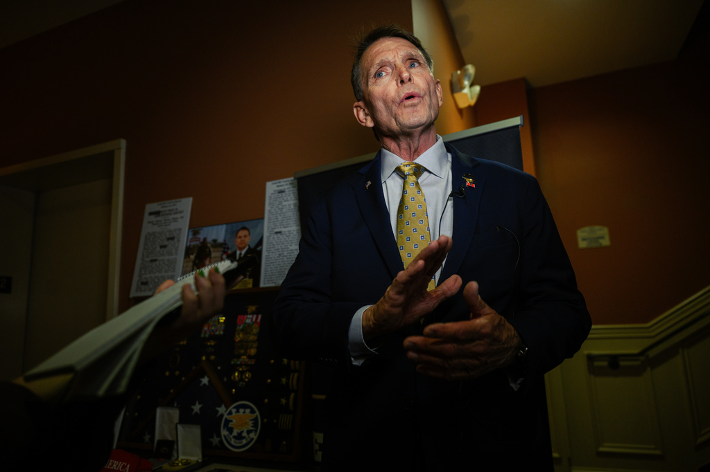 Republican congressional candidate for Kentucky, Ed Gallrein, participates in an interview during the Kenton County Republican Party Lincoln Day Dinner, Thursday, April 30, 2026, in Covington, Ky. (AP Photo/Jon Cherry)