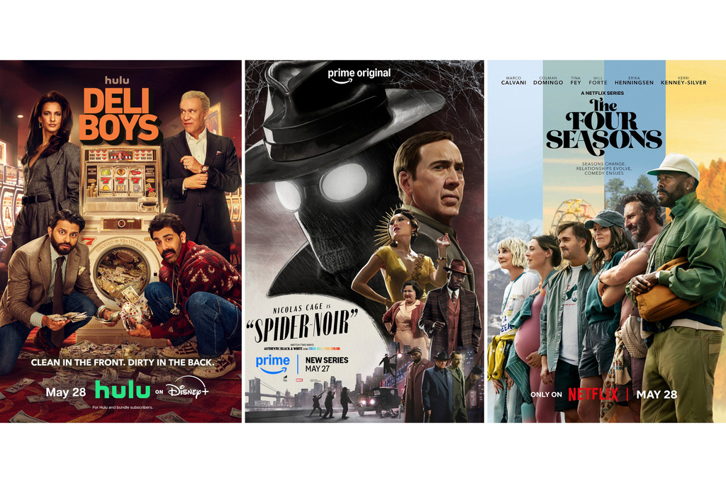 This combination of images show promotional art for "Deli Boys," from left, "Spider-Noir," center, and "The Four Seasons." (Hulu/Prime/Netflix via AP)