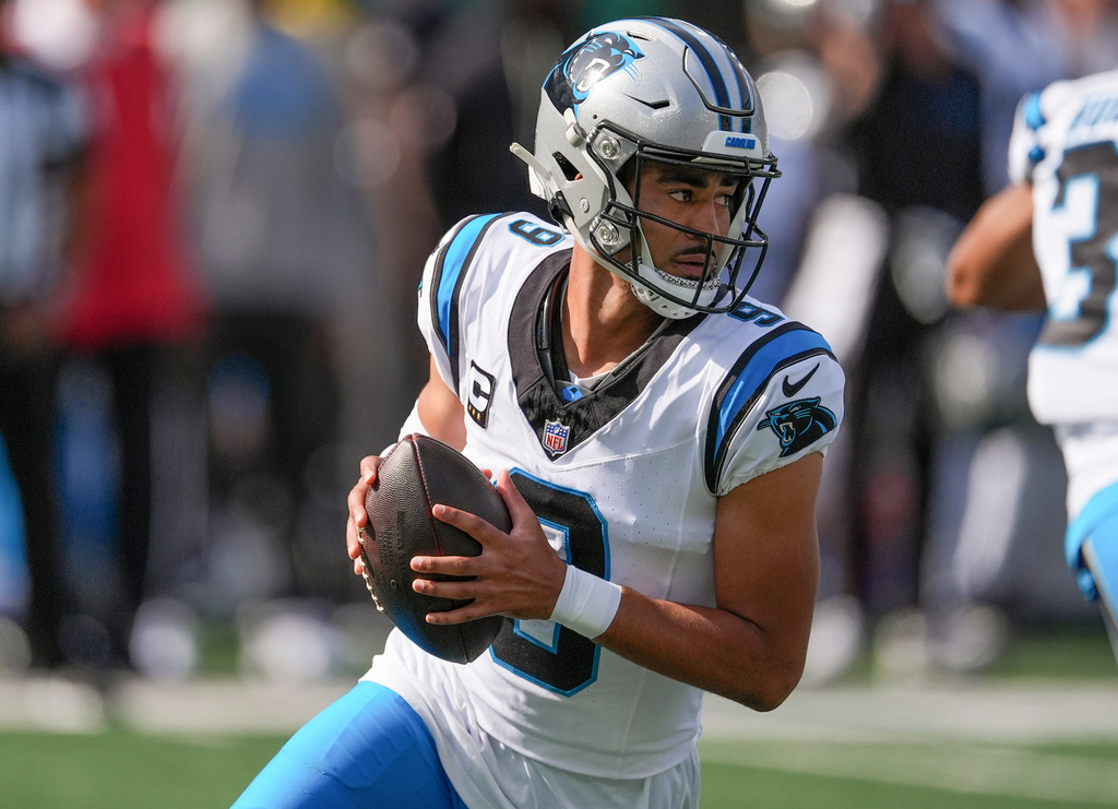 Carolina Panthers quarterback Bryce Young (9) looks to throw against the New York Jets during the first quarter of an NFL football game, Sunday, Oct. 19, 2025, in East Rutherford, N.J. (AP Photo/Seth Wenig)