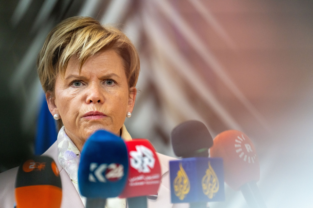 Latvia's Foreign Minister Baiba Braze speaks with the media as she arrives for a meeting of EU foreign ministers at the European Council building in Brussels, Monday, May 11, 2026. (AP Photo/Marius Burgelman)