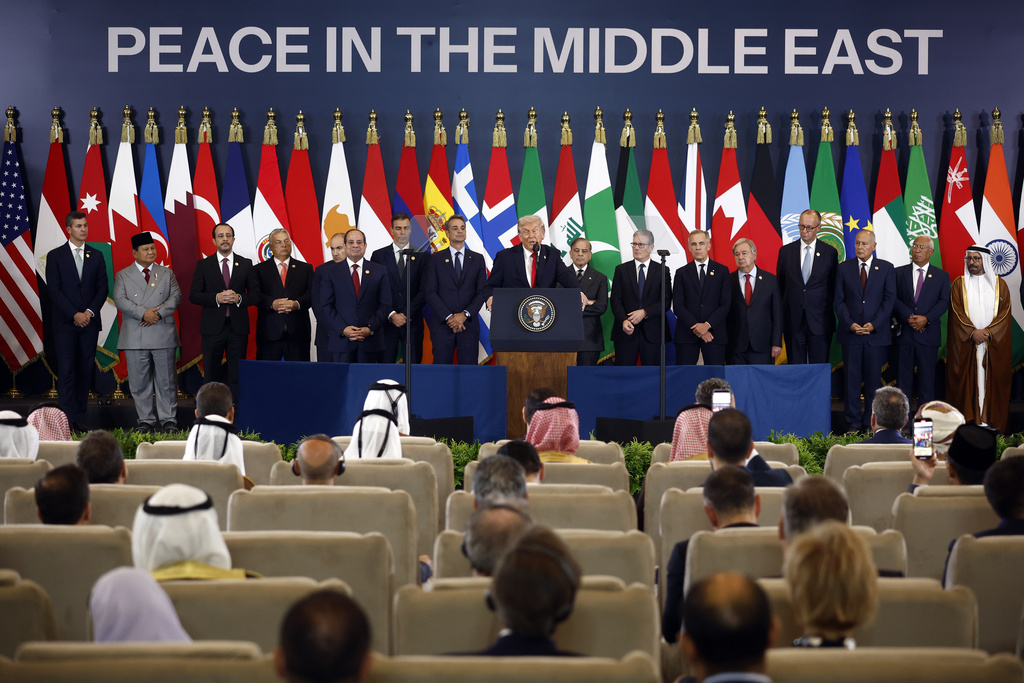 President Donald Trump delivers a speech at the Gaza Peace Summit at the Gaza International Peace Summit, in Sharm el-Sheikh, Egypt, Monday, Oct.13 2025. (Yoan Valat, Pool photo via AP)