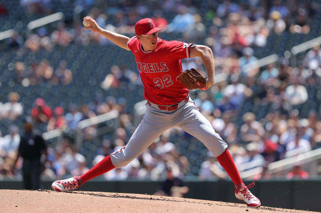 Los Angeles Angels starting pitcher Ryan Johnson delivers during the first inning of a baseball game against the Minnesota Twins, Saturday, July 11, 2026, in Minneapolis. (AP Photo/Bailey Hillesheim)