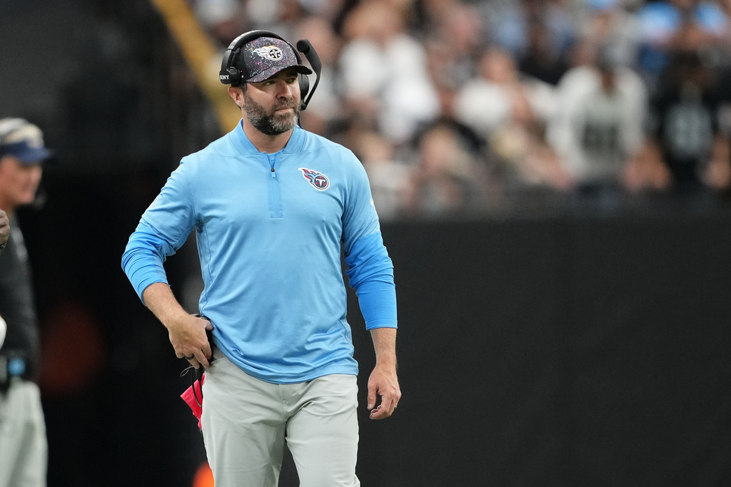 Tennessee Titans head coach Brian Callahan walks on the sidelines during the second half of an NFL football game between the Las Vegas Raiders and the Tennessee Titans, Sunday, Oct. 12, 2025, in Las Vegas. (AP Photo/Rick Scuteri)