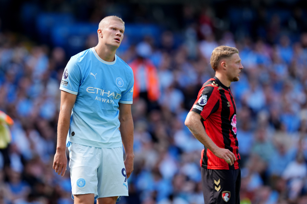 Manchester City's Erling Haaland shows his frustration during the English Premier League soccer match between Manchester City and Bournemouth in Manchester, Sunday Aug. 23, 2026. (Nick Potts/PA via AP)