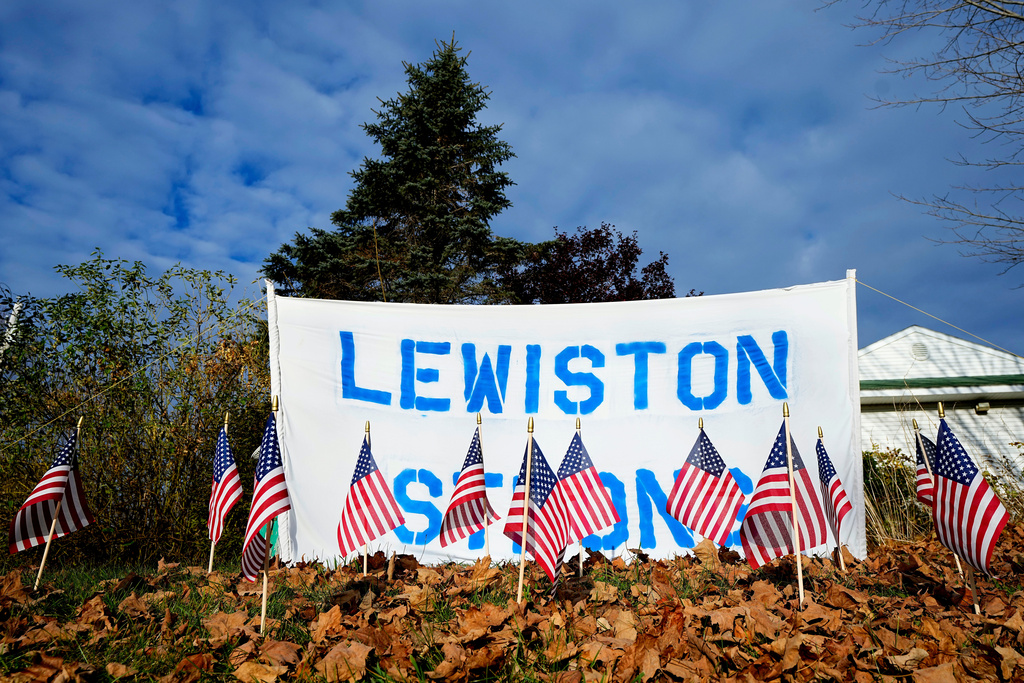 FILE - A make-shift memorial lines Main Street, Nov. 3, 2023, in Lewiston, Maine. (AP Photo/Matt York, File)