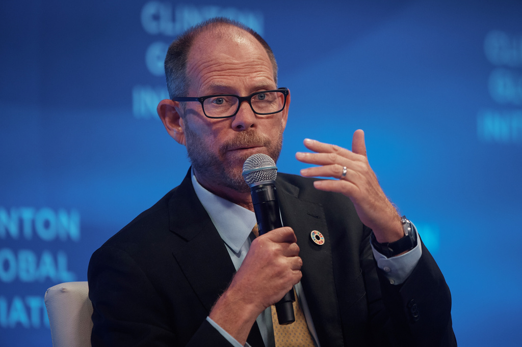 FILE - Mark Suzman, CEO and Board Member of the Gates Foundation speaks during the Clinton Global Initiative, on Sept. 24, 2025, in New York. (AP Photo/Andres Kudacki, File)