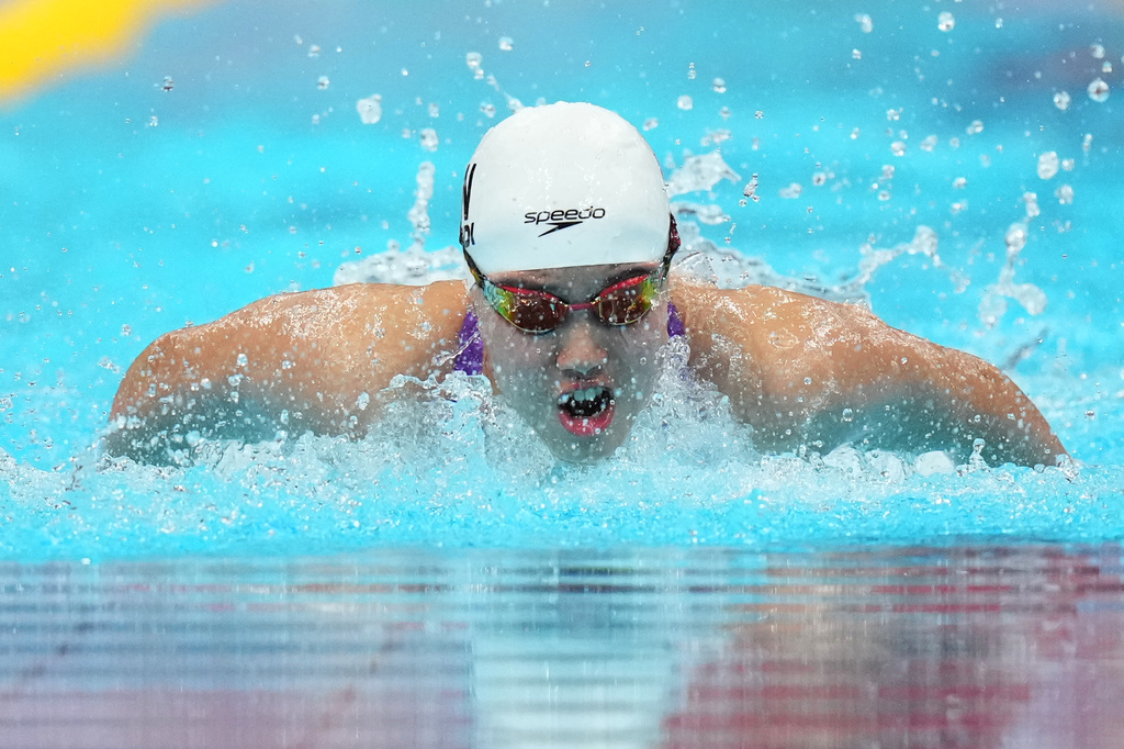 Yu Zidi of China competes in the women's 200-meter butterfly final in swimming at the Asian Games in Tokyo, Japan, Sunday, Sept. 20, 2026. (AP Photo/Hiro Komae)