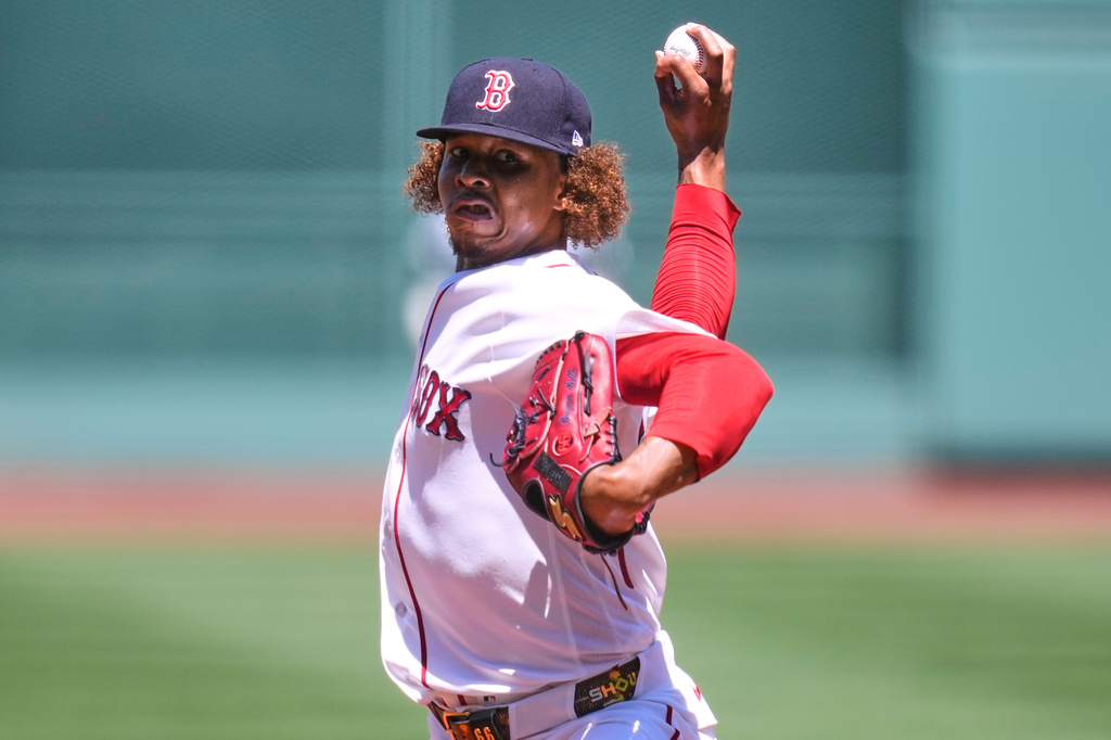 Boston Red Sox starting pitcher Brayan Bello delivers during the first inning of a baseball game against the Baltimore Orioles, Thursday, June 4, 2026, in Boston. (AP Photo/Charles Krupa)