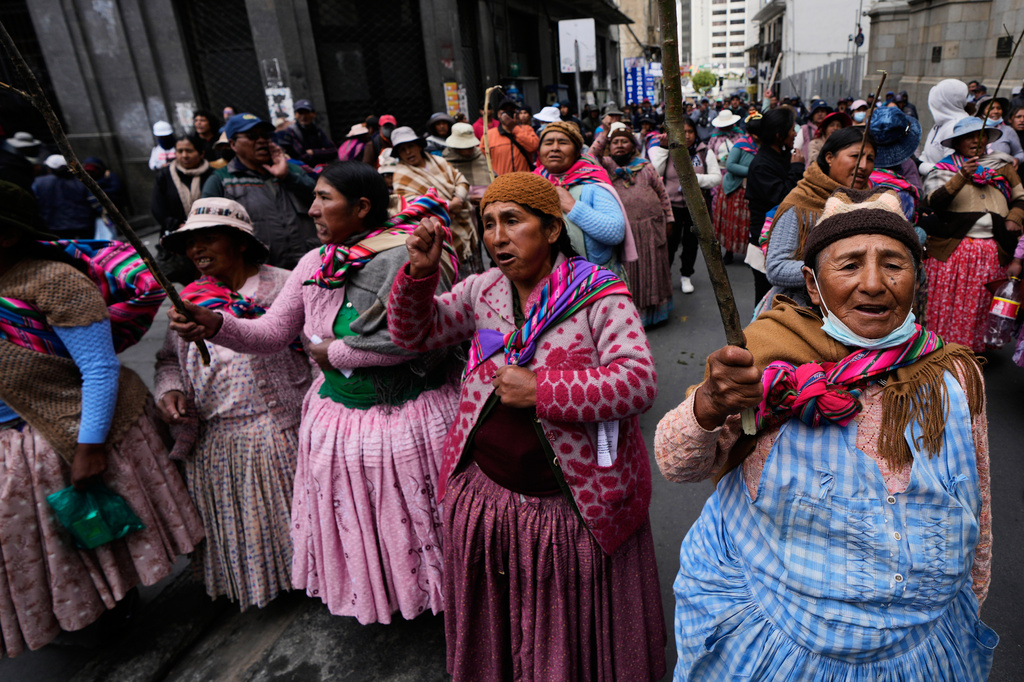 Demonstrators shout slogans during an anti-government protest in La Paz, Bolivia, Monday, May 25, 2026. (AP Photo/Juan Karita)