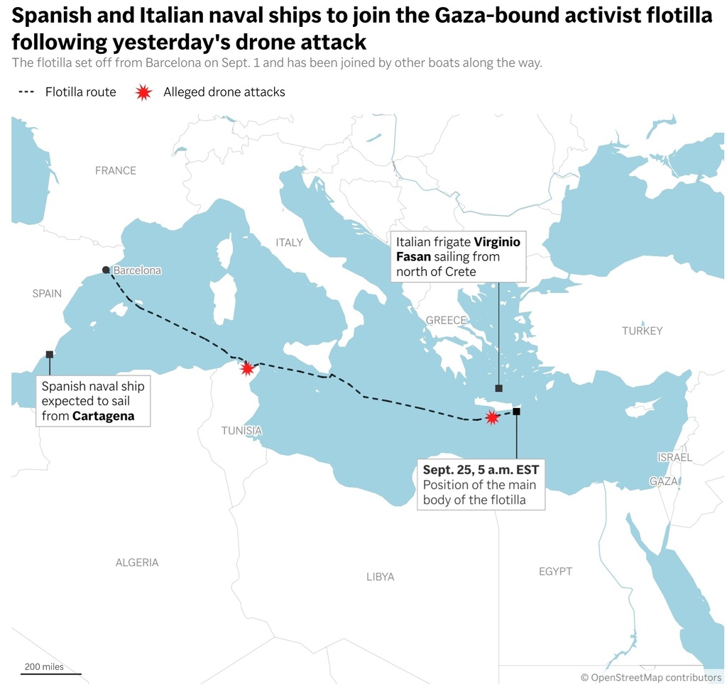This map shows the location of the pro-Palestine activist flotilla as of September 25, plus two locations it has been targeted by drone attacks. The map also shows the location of Spanish and Italian naval ships that are deploying to accompany the flotilla following the latest attack. (AP Digital Embed)