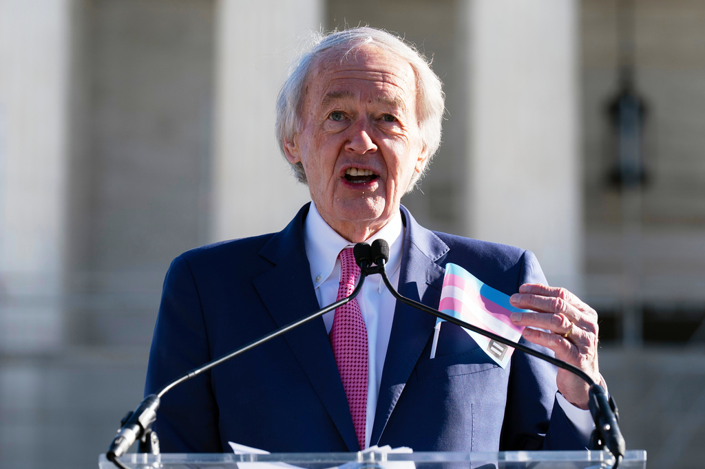 FILE - Sen. Ed Markey, D-Mass., speaks to the crowd as protesters gather outside the Supreme Court as it hears arguments over state laws barring transgender girls and women from playing on school athletic teams, Jan. 13, 2026, in Washington. (AP Photo/Jose Luis Magana, File)