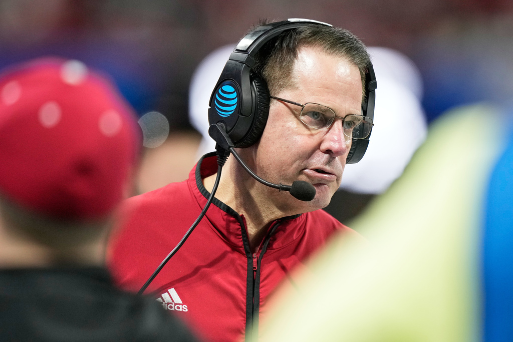 Indiana head coach Curt Cignetti talks on the sideline during the second half of the Peach Bowl NCAA college football playoff semifinal against Oregon, Friday, Jan. 9, 2026, in Atlanta. (AP Photo/Brynn Anderson)