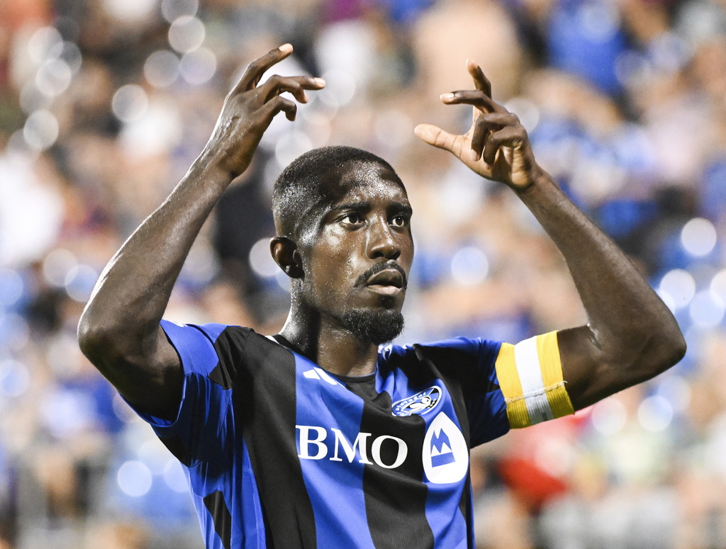 CF Montreal's Prince Owusu celebrates after scoring against Austin FC during second-half MLS soccer match action in Montreal, Saturday, Aug. 23, 2025. (Graham Hughes/The Canadian Press via AP)