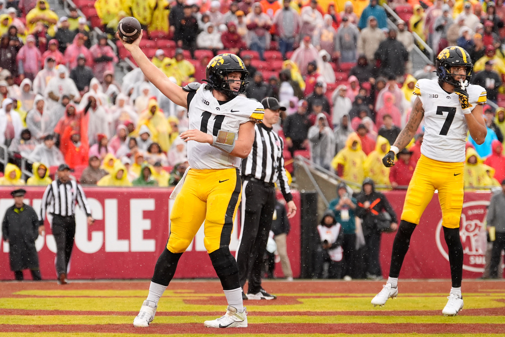 Iowa quarterback Mark Gronowski, left, celebrates his touchdown as wide receiver Dayton Howard looks on during the first half of an NCAA college football game against Southern California, Saturday, Nov. 15, 2025, in Los Angeles. (AP Photo/Mark J. Terrill)