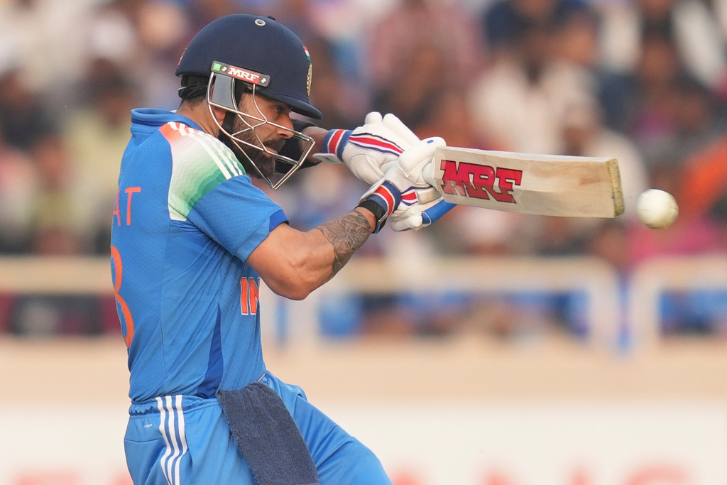 India's Virat Kohli plays a shot during the first One Day International match between India and South Africa in Ranchi, India, Sunday, Nov. 30, 2025. (AP Photo/Rafiq Maqbool)