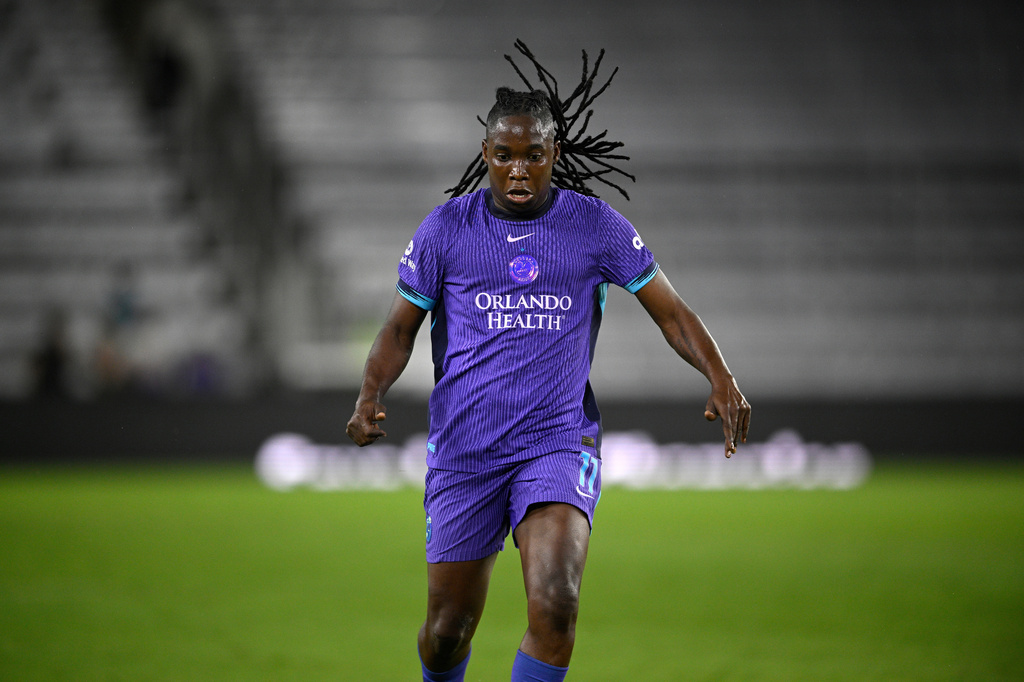 FILE - Orlando Pride forward Barbra Banda (11) controls the ball during an NWSL soccer match against Seattle Reign FC, on March 15, 2026 in Orlando, Fla. (AP Photo/Phelan M. Ebenhack, File)