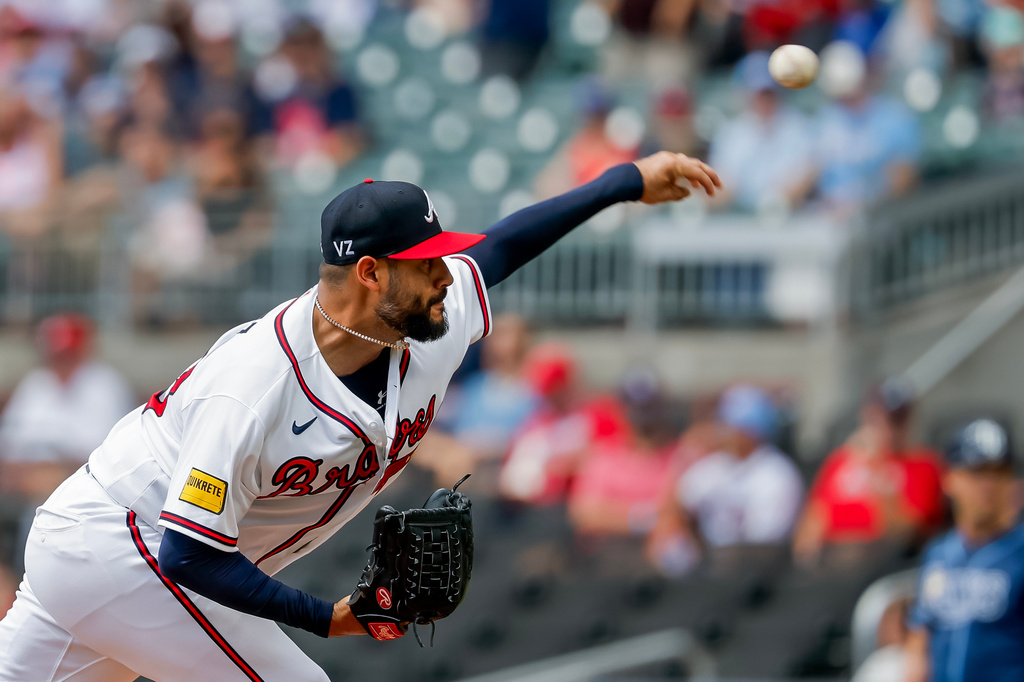 Atlanta Braves pitcher Martín Pérez delivers to a Tampa Bay Rays batter during the first inning of a baseball game, Thursday, Sept. 10, 2026, in Atlanta. (AP Photo/Erik S. Lesser)