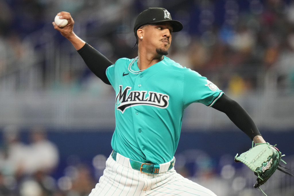 Miami Marlins starting pitcher Eury Perez throws during the first inning of a baseball game against the Milwaukee Brewers, Sunday, April 19, 2026, in Miami. (AP Photo/Lynne Sladky)