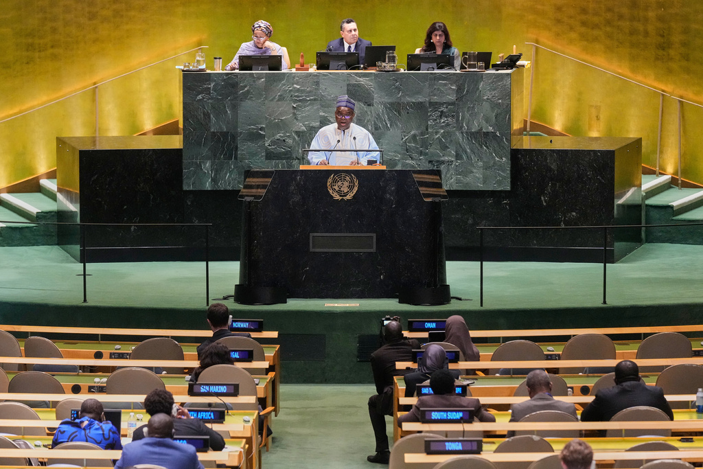 Gambia Vice President Mohammed Jallow addresses the 80th session of the United Nations General Assembly, Thursday, Sept. 25, 2025. (AP Photo/Richard Drew)