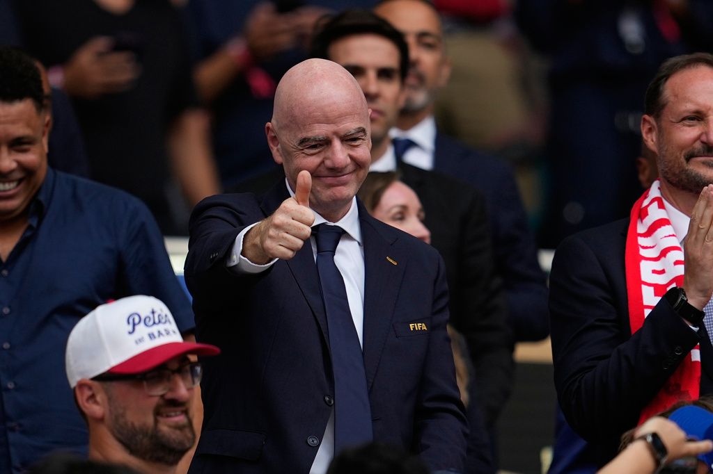 FIFA President Gianni Infantino attends the World Cup quarterfinal soccer match between Norway and England in Miami Gardens, Fla., Saturday, July 11, 2026. (AP Photo/George Walker IV)