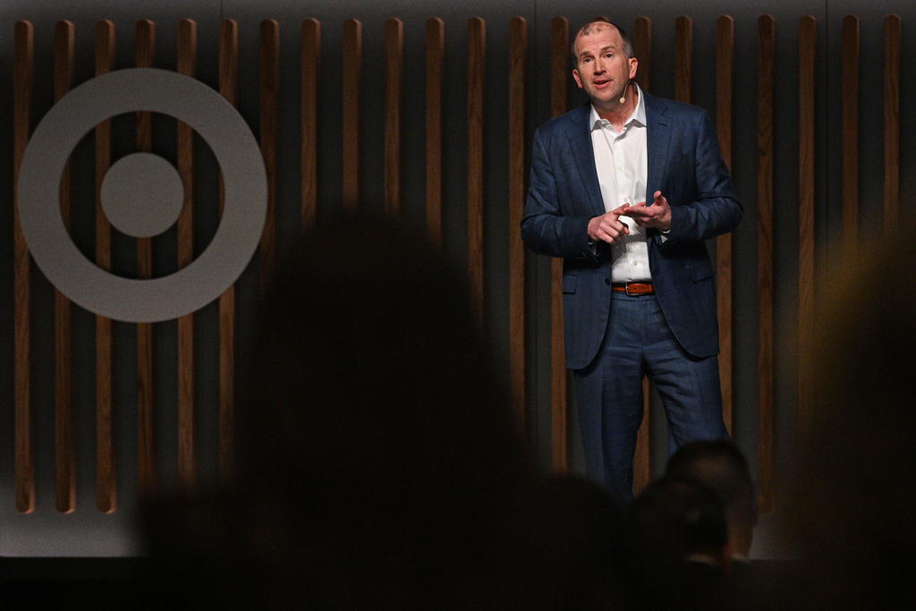 Target CEO Michael Fiddelke speaks at Target's Financial Community Meeting at Target headquarters in Minneapolis, Tuesday, March 3, 2026. (AP Photo/Tom Baker)