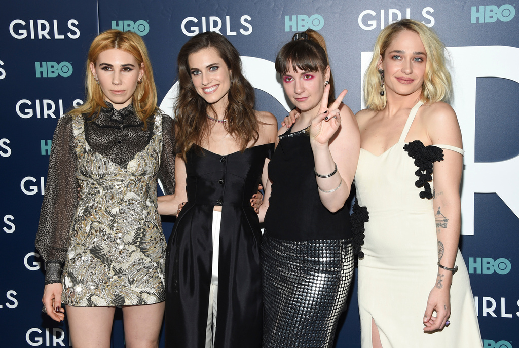 FILE - Actresses Zosia Mamet, left, Allison Williams, Lena Dunham and Jemima Kirke pose together at HBO's "Girls" sixth and final season premiere at Alice Tully Hall on Feb. 2, 2017, in New York. (Photo by Evan Agostini/Invision/AP, File)