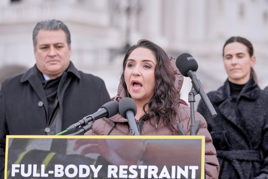 Rep. Delia Ramirez, D-Ill, speaks during a news conference to introduce The Full Body Restraint Prohibition Act on Capitol Hil, Wednesday, Feb. 25, 2026, in Washington. (AP Photo/Mariam Zuhaib)