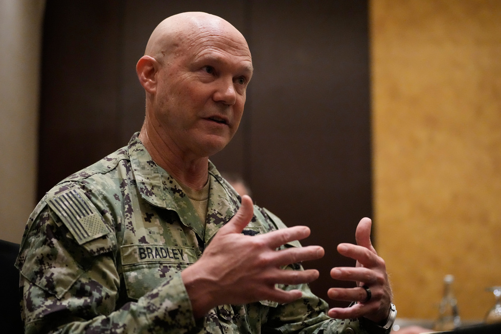 United States Navy Admiral Frank Bradley, commander U.S. Special Operation Command, gestures during an interview with the Associated Press Thursday, Aug. 13, 2026, in Makati city Metro Manila, Philippines. (AP Photo/Aaron Favila)