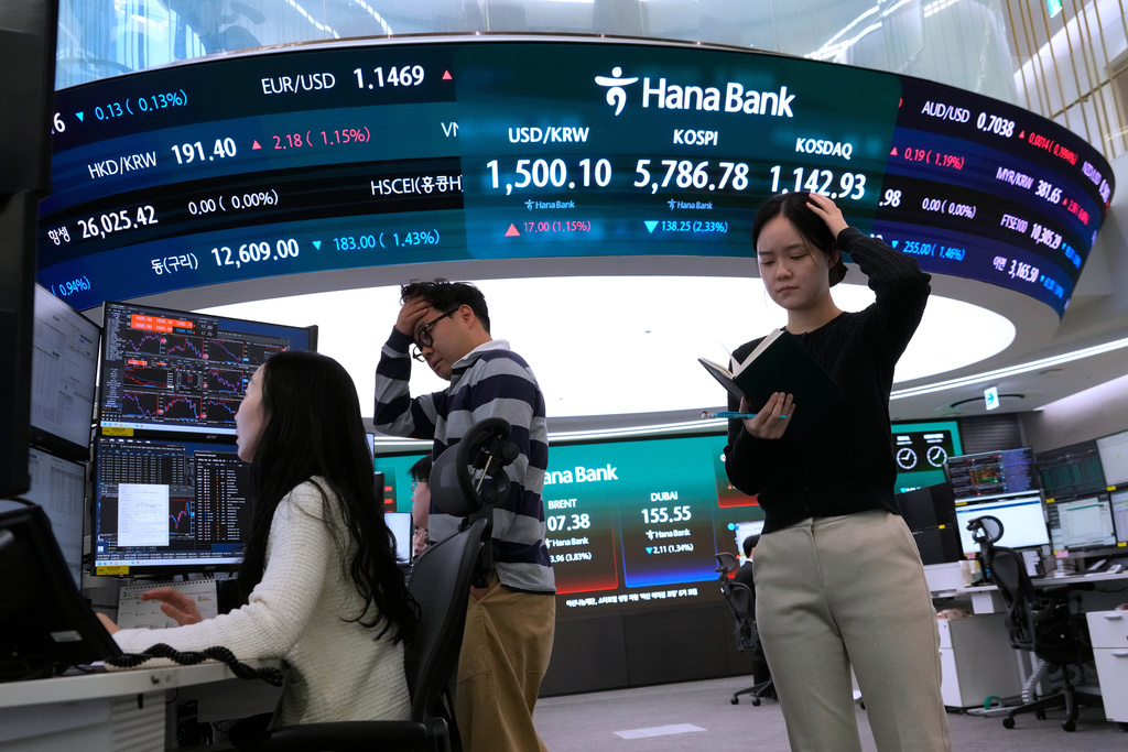 Currency traders work near a screen showing the Korea Composite Stock Price Index (KOSPI), top center, and the foreign exchange rate between U.S. dollar and South Korean won, top center left, at the foreign exchange dealing room of the Hana Bank headquarters in Seoul, South Korea, Thursday, March 19, 2026. (AP Photo/Ahn Young-joon)