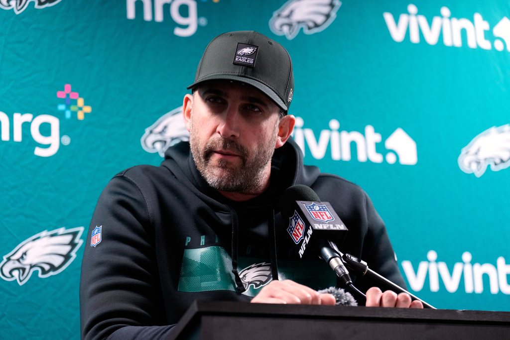 Philadelphia Eagles' Nick Sirianni speaks during a news conference after an NFL football game against the New York Giants early Friday, Oct. 10, 2025, in East Rutherford, N.J. (AP Photo/Seth Wenig)