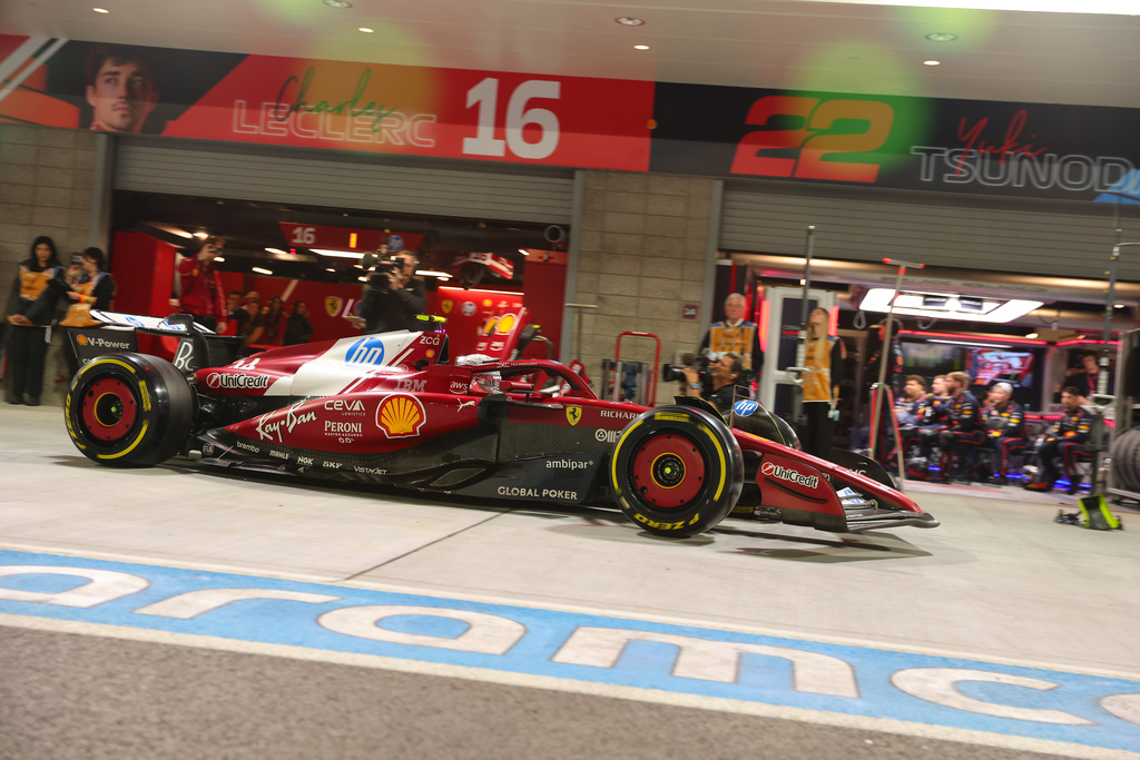 Ferrari driver Lewis Hamilton of Great Britain leaves the pits during the Formula One Las Vegas Grand Prix auto race, Saturday, Nov. 22, 2025 in Las Vegas. (Cristobal Herrera Ulashkevich/Pool Photo via AP)