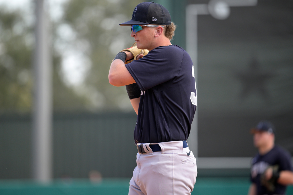 FILE - New York Yankees first baseman T.J. Rumfield sets up for a play during the seventh inning of a spring training baseball game against the Tampa Bay Rays, Feb. 28, 2023, in Kissimmee, Fla. (AP Photo/Phelan M. Ebenhack, File)