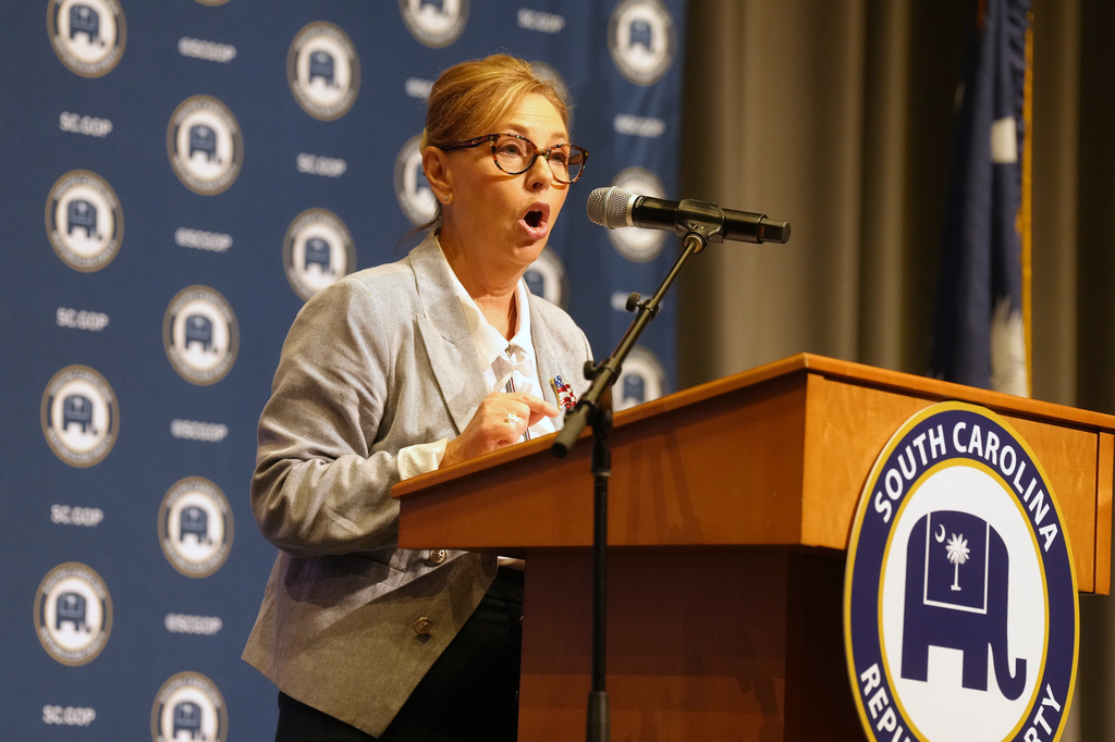 Sen. Darline Graham, R-S.C., speaks at a South Carolina Republican Senate candidate stump event ahead of the special GOP primary to replace her late brother, Sen. Lindsey Graham, R-S.C., Saturday, Aug. 1, 2026, in Lexington, S.C. (AP Photo/Meg Kinnard)