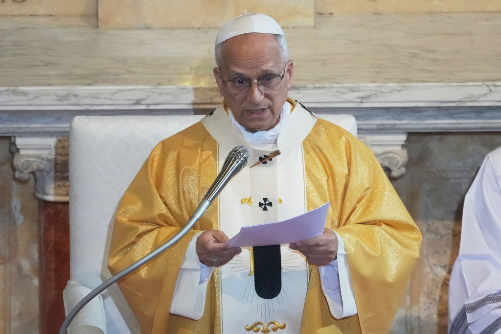 Pope Leo XIV delivers his speech as he celebrates a Mass in the Saint Augustine Basilica in Annaba, Algeria, Tuesday, April 14, 2026, on the second day of an 11-day apostolic journey to Africa. (AP Photo/Andrew Medichini)